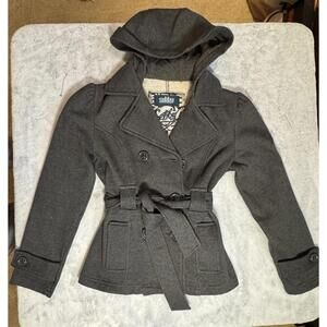 Sebby Womens Gray Hooded‎ Peacoat Jacket Wool Blend Belted Casual Coat